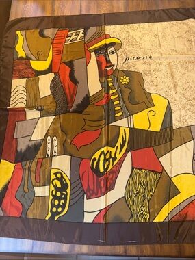 Picasso Abstract Cubist Art Scarf in Yellow, Red, Brown 100% Silk made in Paris